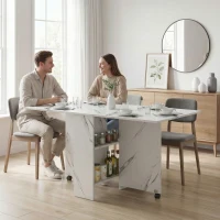 HOMCOM Extendable Dining Table, Collapsible Folding Table with 2-tier Shelves and Rolling Casters, Marble White(m-8)