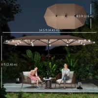 Outsunny 174" Double-Sided Sun Umbrella Garden Parasol Patio Sun Shade Outdoor with LED Solar Light, Khaki(m-3)