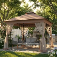 Outsunny 10'x10' Soft-top Steel Patio Gazebo Outdoor Sun Shelter with 2-Tier Polyester Roof, Curtain Sidewalls, Dark Brown(m-9)