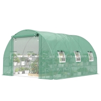 Outsunny 10'x11'x6' Walk-in Tunnel Greenhouse with Shelves, Mesh Door and Windows, Hoop House Greenhouse with PE Cover, Green