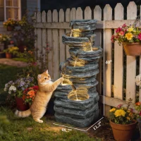 Outsunny 40" Tall Outdoor Waterfall Fountain with LED Lights, 6-Tier Cascading Waterfall Feature, Resin Garden Fountain, Gray(m-3)