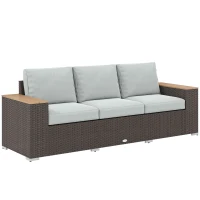Outsunny 3-Seater Outdoor Sofa Couch, Wicker Patio Sofa with Wood Effect Armrests and Thick Cushions, Grey(m-11)