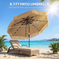 Outsunny 9 ft Hula Thatched Tiki Patio Umbrella with LED Solar Light, Outdoor Umbrella with Crank, Tilt, UPF30+, Khaki(m-5)