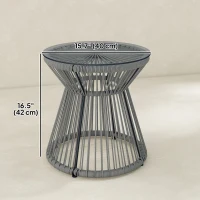 Outsunny Round End Table, Rattan Side Table, Hollow Drum Design Coffee Table w/ Glass Top for Patio, Garden, Balcony, Dark Grey(m-3)