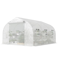 Outsunny 10'x11'x6' Walk-in Tunnel Greenhouse with Shelves, Mesh Door and Windows, Plant Hot House with PE Cover, White