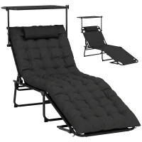 Outsunny Folding Lounge Chair with Adjustable Canopy, 4-Position Outdoor Tanning Chair with Headrest, Black(m-11)
