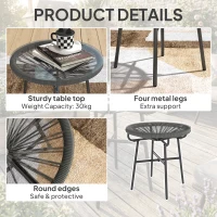 Outsunny Rattan Side Table, Round Outdoor Table, with Round PE Rattan and Tempered Glass Table Top for Patio, Garden, Dark Grey(m-6)