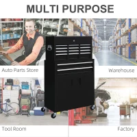 HOMCOM 6-Drawer Rolling Tool Chest, 2 in 1 Lockable Storage Cabinet with Hooks, Metal Tool Box for Garage, Workshop, Black(m-5)