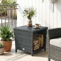 Outsunny 17.7" Wicker Side Table with Storage Shelf, Square PE Rattan Outdoor End Table with PS Wood Slat Top, Grey(m-10)