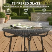 Outsunny Rattan Side Table, Round Outdoor Table, with Round PE Rattan and Tempered Glass Table Top for Patio, Garden, Dark Grey(m-4)