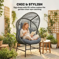 Outsunny Wicker Egg Chair, 330 lbs Outdoor Rattan Lounge Chair with Thick Cushion, Headrest, Steel Frame, Dark Grey(m-4)
