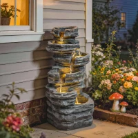 Outsunny 40" Tall Outdoor Waterfall Fountain with LED Lights, 6-Tier Cascading Waterfall Feature, Resin Garden Fountain, Gray(m-10)