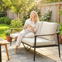 Outsunny 3 Seater Outdoor Patio Sofa, Outdoor Couch with Wood-Effect Armrests, Wicker Backrest, Cushions for Garden Yard, Khaki(m-9)