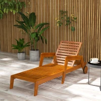 Outsunny Wood Lounge Chair Outdoor Tanning Chair with Wheels, 3-Position Adjustable Backrest and Armrests, Orange(m-1)