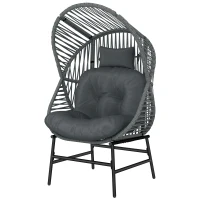 Outsunny Wicker Egg Chair, 330 lbs Outdoor Rattan Lounge Chair with Thick Cushion, Headrest, Steel Frame, Dark Grey(m-2)