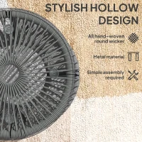 Outsunny Round End Table, Rattan Side Table, Hollow Drum Design Coffee Table w/ Glass Top for Patio, Garden, Balcony, Dark Grey(m-5)