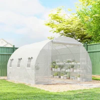 Outsunny 10'x11'x6' Walk-in Tunnel Greenhouse with Shelves, Mesh Door and Windows, Hoop House Greenhouse with PE Cover, White(m-10)
