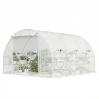 Outsunny 10'x11'x6' Walk-in Tunnel Greenhouse with Shelves, Mesh Door and Windows, Hoop House Greenhouse with PE Cover, White