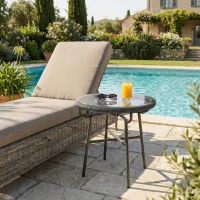 Outsunny Rattan Side Table, Round Outdoor Table, with Round PE Rattan and Tempered Glass Table Top for Patio, Garden, Dark Grey(m-9)