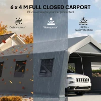 Outsunny 20 x 13 ft Carport, Portable Garage with Roll-Up Door and Windows, PE Canopy, Steel Frame, Dark Grey(m-4)