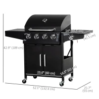 Outsunny 4+1 Burner Liquid Propane Gas Grill Outdoor Cabinet Style BBQ Trolley w/ Side Burner, Warming Rack, Side Shelf, Storage Cabinet, Thermometer, 4 Wheels, Carbon Steel, Black(m-3)