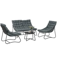 Outsunny 4 Piece Patio Furniture Set, Outdoor Furniture Conversation Set with Loveseat, Chairs Round Metal Table, Cushions, Grey(m-11)