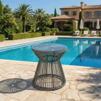 Outsunny Round End Table, Rattan Side Table, Hollow Drum Design Coffee Table w/ Glass Top for Patio, Garden, Balcony, Dark Grey(m-10)