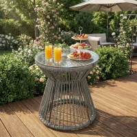 Outsunny Round End Table, Rattan Side Table, Hollow Drum Design Coffee Table w/ Glass Top for Patio, Garden, Balcony, Dark Grey(m-9)