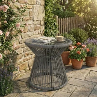 Outsunny Round End Table, Rattan Side Table, Hollow Drum Design Coffee Table w/ Glass Top for Patio, Garden, Balcony, Dark Grey(m-1)