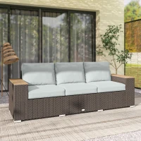 Outsunny 3-Seater Outdoor Sofa Couch, Wicker Patio Sofa with Wood Effect Armrests and Thick Cushions, Grey(m-10)