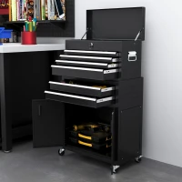 HOMCOM 6-Drawer Rolling Tool Chest, 2 in 1 Lockable Storage Cabinet with Hooks, Metal Tool Box for Garage, Workshop, Black(m-9)