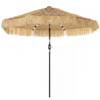 Outsunny 9 ft Hula Thatched Tiki Patio Umbrella with LED Solar Light, Outdoor Umbrella with Crank, Tilt, UPF30+, Khaki