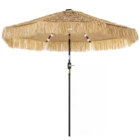 Outsunny 9 ft Hula Thatched Tiki Patio Umbrella with LED Solar Light, Outdoor Umbrella with Crank, Tilt, UPF30+, Khaki(m-1)