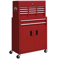 HOMCOM 6-Drawer Rolling Tool Chest, 2 in 1 Lockable Storage Cabinet with Hooks, Metal Tool Box for Garage, Workshop, Red(m-11)