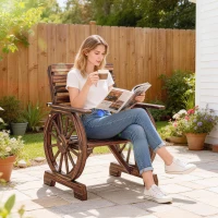 Outsunny Wood Outdoor Patio Chair, Lounge Chair with Wagon Wheel Armrests, Slatted Wide Seat, Slanted Backrest, Carbonized(m-1)