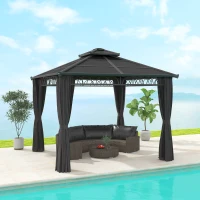 Outsunny 9' x 10' Outdoor Hardtop Gazebo Canopy w/ Double PC Roof, Steel Frame, Nettings, Curtains for Garden Lawn Deck, Black(m-1)