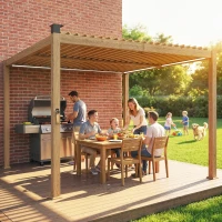 Outsunny 10' x 10' Louvered Pergola with Solar LED lights, Metal Roof, Outdoor Pergola Patio Gazebo with Drainage Gutters, Brown(m-8)