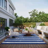 Outsunny Reversible Outdoor Rug, 9' x 18' Waterproof Plastic Straw Floor Mat, Portable RV Camping Carpet, Large Floor Mat for Backyard, Deck, Picnic, Beach, Blue & White Striped(m-10)