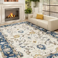 HOMCOM Machine Washable Area Rug 4x6, Non-Slip Boho Floral Print Floor Carpet for Living Room, Bedroom, Dining Room, Blue(m-10)