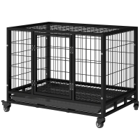 PawHut 36" Heavy Duty Dog Crate with Removable Tray, Lockable Wheels and Double Door, for Medium and Large Dogs, Black