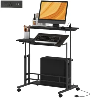 HOMCOM Adjustable Standing Desk with Power Outlets, Stand Up Desk with Tiltable Tabletop, Wheels, Shelf, for Home Office, Black(m-1)