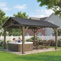 Outsunny 13' x 11' Hardtop Gazebo Canopy with Galvanised Metal Roof, Fir Wood Frame and Central Hook for Patio, Black Grey(m-9)