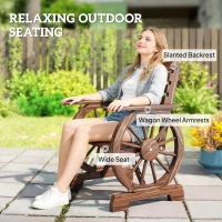 Outsunny Wood Outdoor Patio Chair, Lounge Chair with Wagon Wheel Armrests, Slatted Wide Seat, Slanted Backrest, Carbonized(m-6)