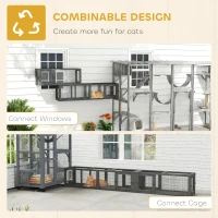 PawHut Wooden 98" Cat Tunnel for Outdoor with Combinable Design, 8 Doors, Dark Gray(m-4)