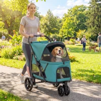 PawHut 3 Wheel Pet Stroller with Easy One-Click Quick Fold, Mesh Window, Washable Cushion, for Medium Dogs, Dark Green(m-10)