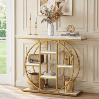 HOMCOM 39.4" Console Table with Storage Shelves, Industrial Sofa Table for Living Room, Hallway, White Marble Effect(m-9)