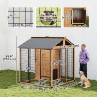 PawHut 86" L Dog House Outdoor, Wooden Dog Kennel with Storage Cabinet, Stainless Steel Bowls for Large Breeds, Yellow(m-3)