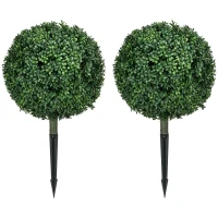 HOMCOM Artificial Boxwood Trees w/ Ground Stake, Set of 2 Ball Shaped Topiary Trees for Home Office & Living Room, UV Resistant(m-2)