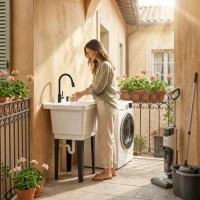 Outsunny Portable 23-Gallon Utility Sink Laundry Tub for Washing Room, Freestanding Laundry Sink with Soap Dispenser, White(m-10)