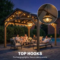 Outsunny 13' x 11' Hardtop Gazebo Canopy with Galvanised Metal Roof, Fir Wood Frame and Central Hook for Patio, Black Grey(m-7)